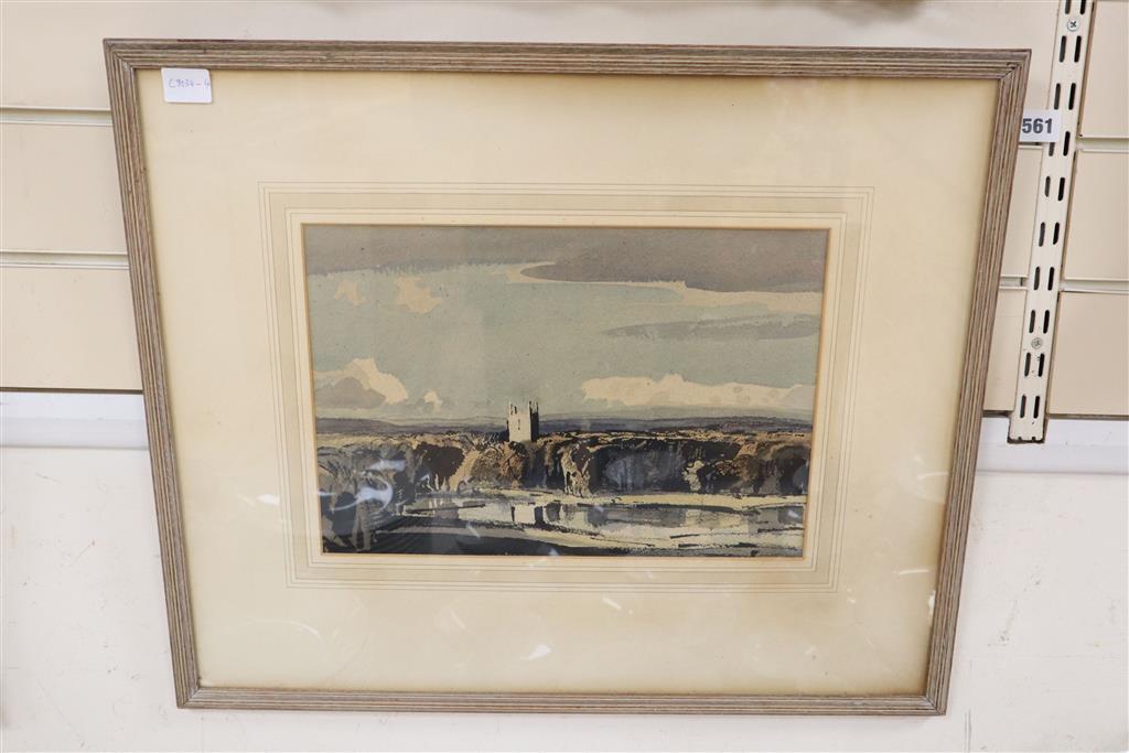 § Rowland Hilder (1905-1993), watercolour, Valley Church, signed, 25 x 35cm